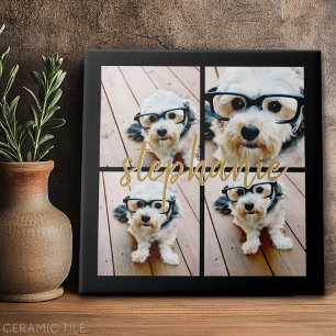 Minimale 4-Foto-Collage - Schwarz - Goldschrift-Te Fliese