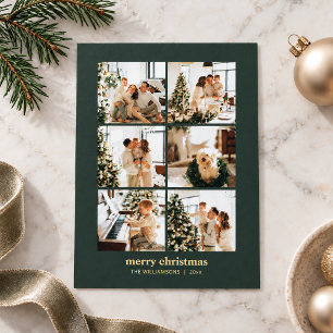 Minimale 6-Foto-Collage Frohe Weihnachten Grün Gol Folien Feiertagskarte