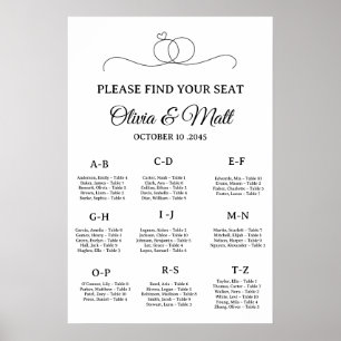 Minimale alphabetische Sitzordnung-Hochzeitsposter Poster