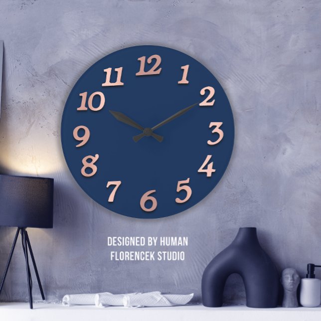 Minimale Anzahl Rose Gold Blue Navy Metallic 3D Große Wanduhr (Elevate Your Space with the Minimal Numbers Rose Large Clock)