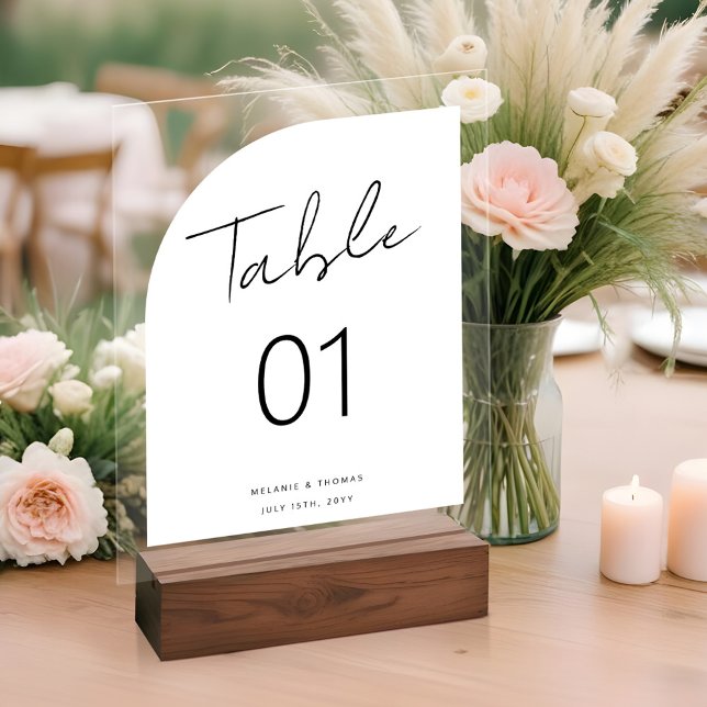 Minimale Arch-Form Pinselschrift Weiße Tischnummer Acrylschild (Minimal Arch Shape Brush Script White Table Number Acrylic Sign)