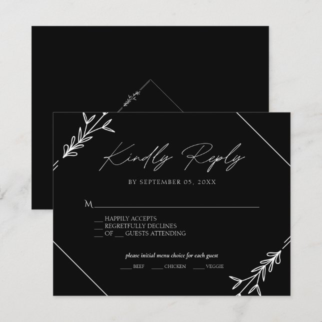 Minimale Auswahl an Schwarz-Weiß-Hochzeitsmenüs UA RSVP Karte (Vorne/Hinten)