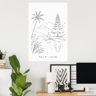 Minimale Bali Indonesien-Linienkunst | Tropisch Poster