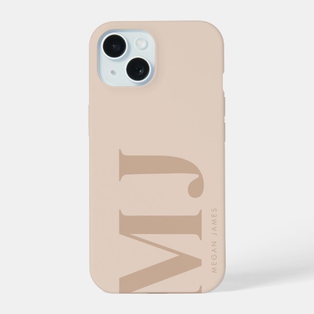 Minimale beige personalisierte große Initialen  iPhone 15 Hülle (Rückseite)