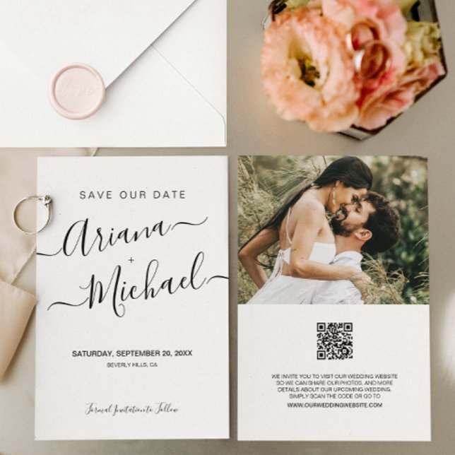 Minimale benutzerdefinierte Skriptnamen Foto Hochz Save The Date (Simple, chic, minimal wedding save the date photo card.)