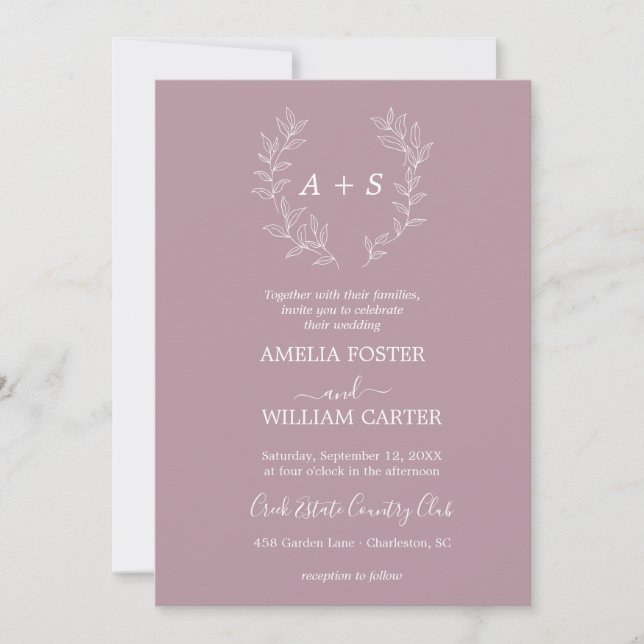 Minimale Blatt | Formale Monogramm-Hochzeitseinlad Einladung (Vorderseite)
