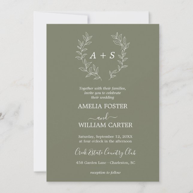 Minimale Blatt | Formale Monogramm-Hochzeitseinlad Einladung (Vorderseite)