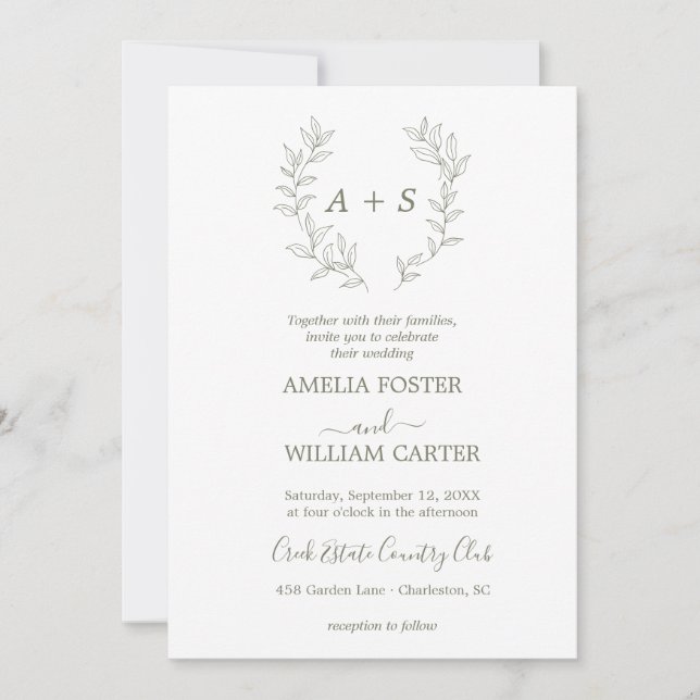 Minimale Blatt | Formale Monogramm-Hochzeitseinlad Einladung (Vorderseite)