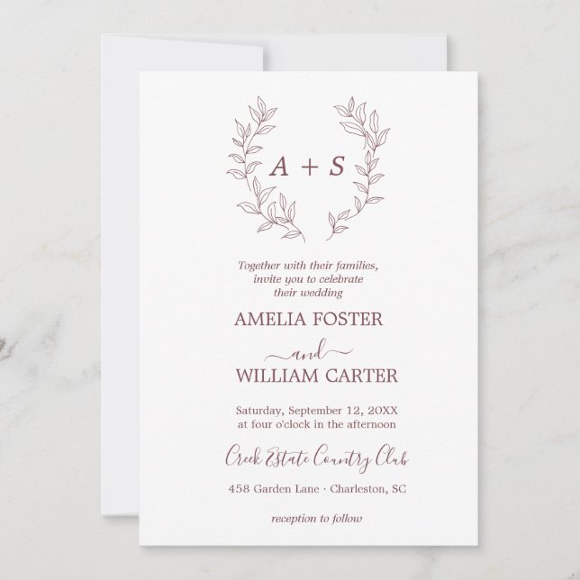 Minimale Blatt | Formale Monogramm-Hochzeitseinlad Einladung (Vorderseite)