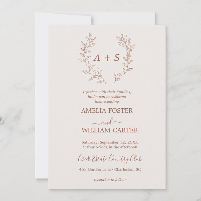 Minimale Blatt | Formale Monogramm-Hochzeitseinlad Einladung (Vorderseite)
