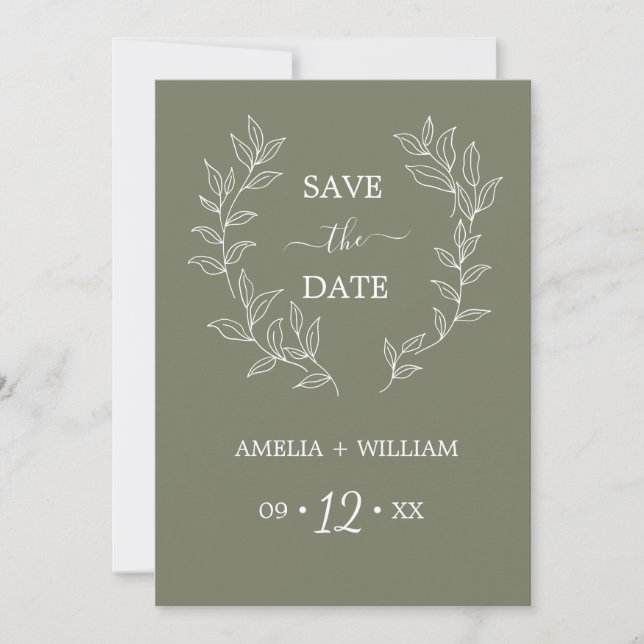 Minimale Blatt-Monogramm-Hochzeit Save the Date  (Vorderseite)