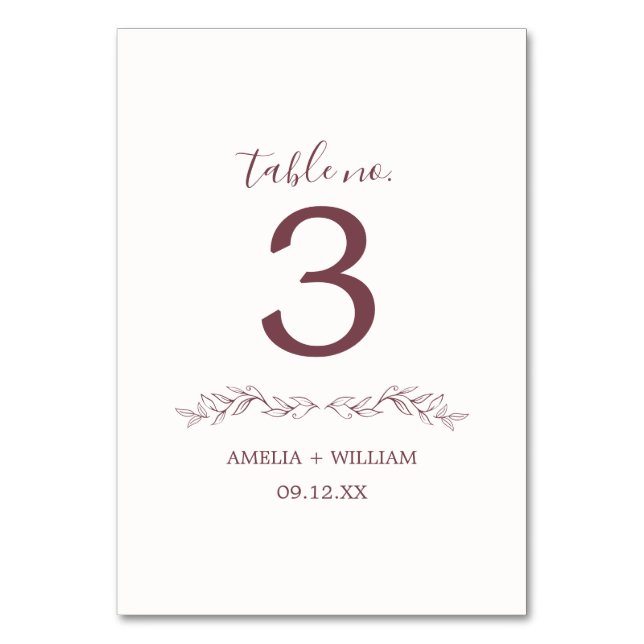 Minimale Blatt-Monogramm-Hochzeitstisch-Nummernkar Tischnummer (Rückseite)