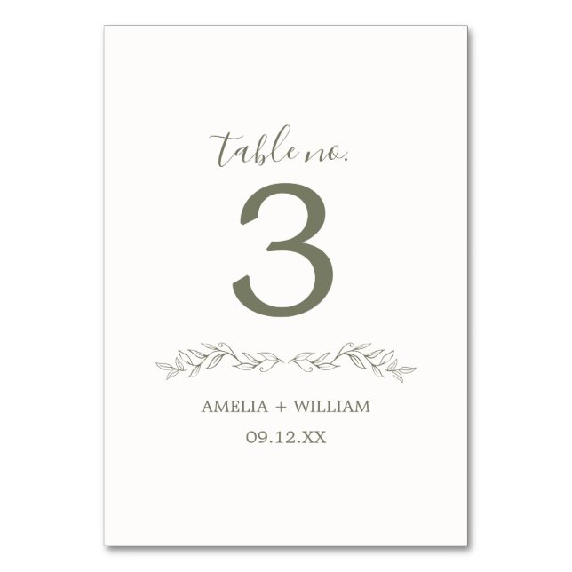 Minimale Blatt-Monogramm-Hochzeitstisch-Nummernkar Tischnummer (Rückseite)
