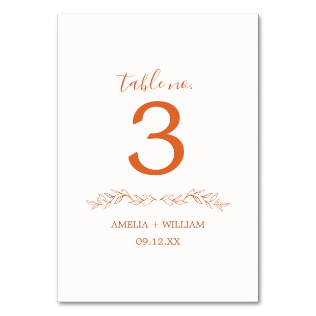 Minimale Blatt-Monogramm-Hochzeitstisch-Nummernkar Tischnummer (Rückseite)