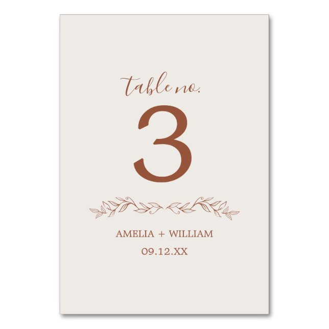 Minimale Blatt-Monogramm-Hochzeitstisch-Nummernkar Tischnummer (Rückseite)