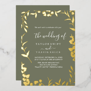 Minimale Blatt-Pflaume Lila und Goldfolie Hochzeit Folieneinladung