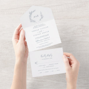 Minimale Blätter   Dusty Blue Hochzeit All In One Einladung