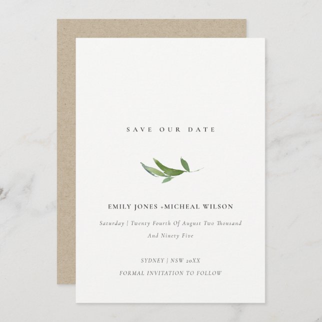 Minimale Blattfarbe Wasserfarbe Rett unserem Datum Einladung (Vorne/Hinten)