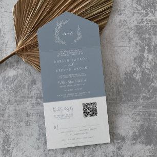 Minimale Blattranke   Blaue Weiße einfache QR-Code All In One Einladung