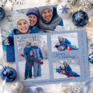 Minimale Blaue Familien-Vier-Foto-Frohe-Weihnachte Feiertagskarte
