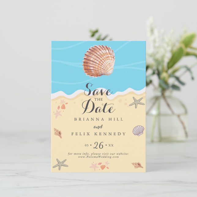 Minimale Blaue Ozean-Sommerhochzeit Save The Date (Stehend Vorderseite)