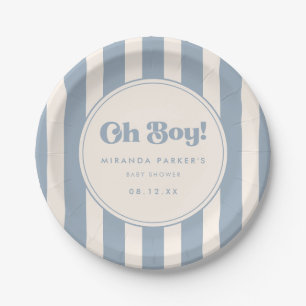 Minimale blaue und beige gestreifte Babyparty "Oh Pappteller