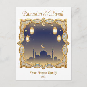 Minimale Blaue und Goldene Moschee Ramadan Mubarak Postkarte