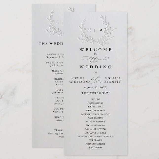 Minimale Blindprägung aus Baumwolle für Hochzeitsp Programm (Vorne/Hinten)