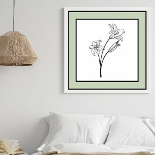 Minimale Blume Schwarze Linie Kunst Blassgrüne Gre Poster