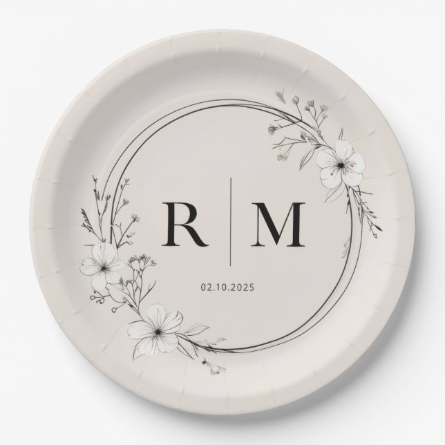 Minimale Blumenmonogramm-Papierteller Elegant Pappteller (Vorderseite)