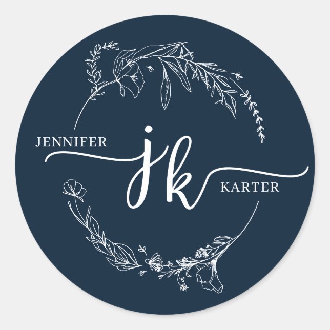Minimale Blumenzeremonie Navy Blue Monogram Runder Aufkleber (Vorderseite)