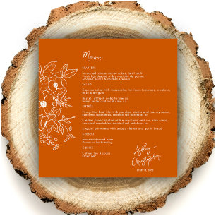 Minimale Blütenbotanische Burnt Orange Hochzeit Menükarte