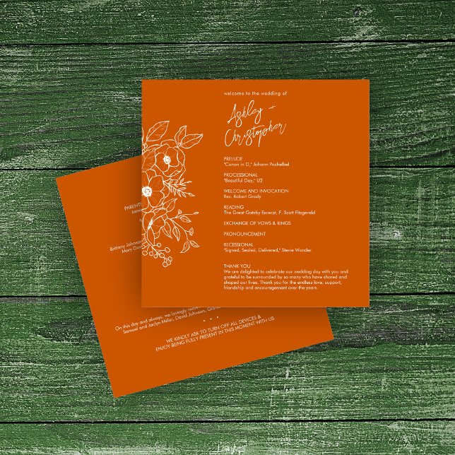 Minimale Blütenbotanische Burnt Orange Hochzeit Programm (Von Creator hochgeladen)