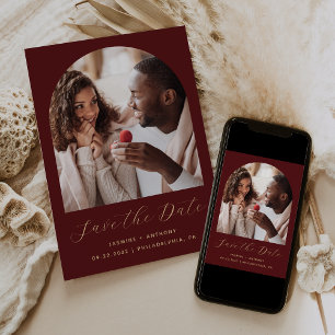 Minimale Boho-Foto-Torbogen-Schrift Burgund Gold Save The Date