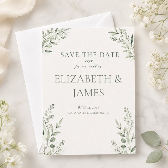 Minimale Botanische Hochzeit in Salbeigrün Save The Date (Von Creator hochgeladen)