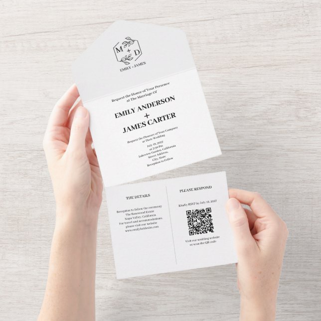 Minimale botanische QR-Code-Monogramm-Hochzeit All In One Einladung (Abreißtisch)