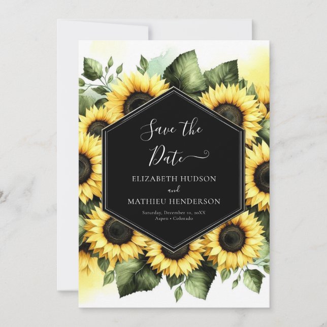 Minimale Botanische Sonnenblumenhochzeit Save The Date (Vorderseite)