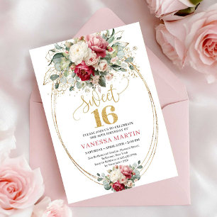 Minimale Burgunder-Roségold-Blumen-Sweet-16-Einlad Einladung