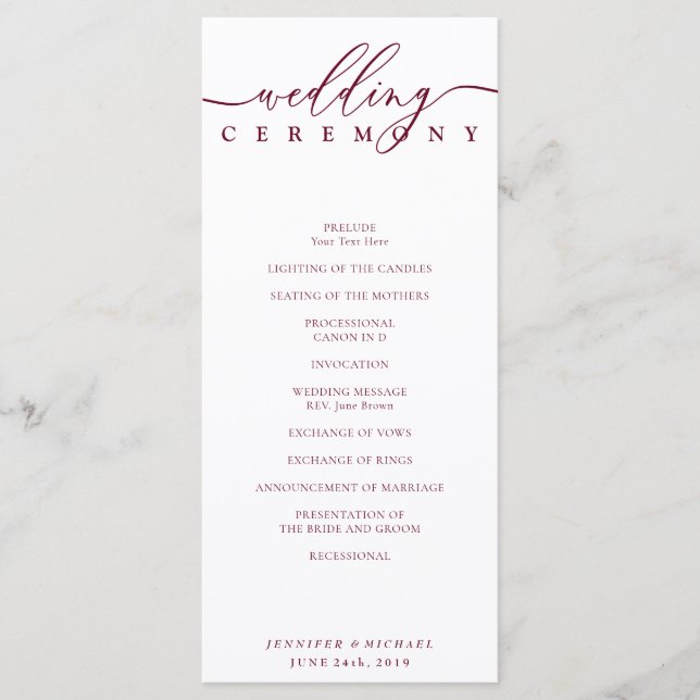 Minimale Burgundy Signature Script Hochzeit Zeremo Programm (Vorderseite)