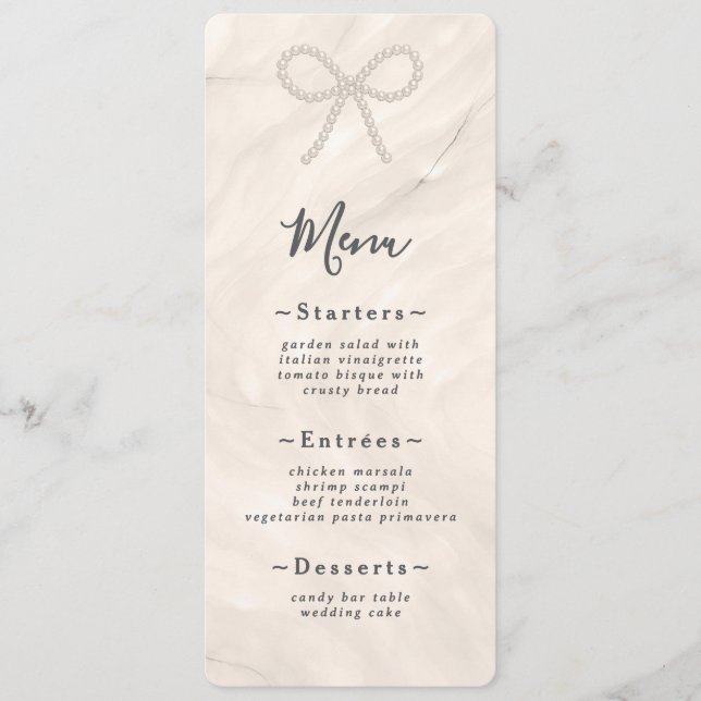 Minimale Champagner-Perlen-Schleifen-Hochzeitsempf Menükarte (Vorderseite)