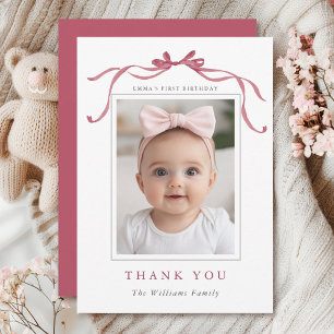 Minimale Deep Blush Rosa Schleife Geburtstagsfoto Dankeskarte
