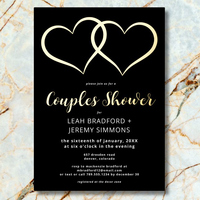 Minimale Dusche für Schwarz-weiße Paare Folieneinladung (Minimal Two Hearts Black White Couples Shower Foil Invitation)