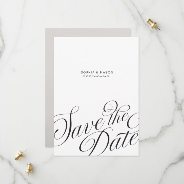 Minimale editorische Skript-Kalligrafie-Foto  Save The Date (Vorderseite/Rückseite Beispiel)