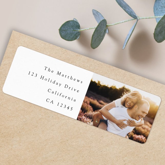 Minimale Einfache Elegante Foto Rücksendeadresse (Add your own photo to this elegant modern white return address label by Guava)