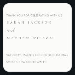 Minimale einfache Schwarz-Weiß-Typografie-Hochzeit Quadratischer Aufkleber<br><div class="desc">Wenn Sie weitere Anpassungen benötigen,  schreiben Sie mir bitte an yellowfebstudio@gmail.com.</div>