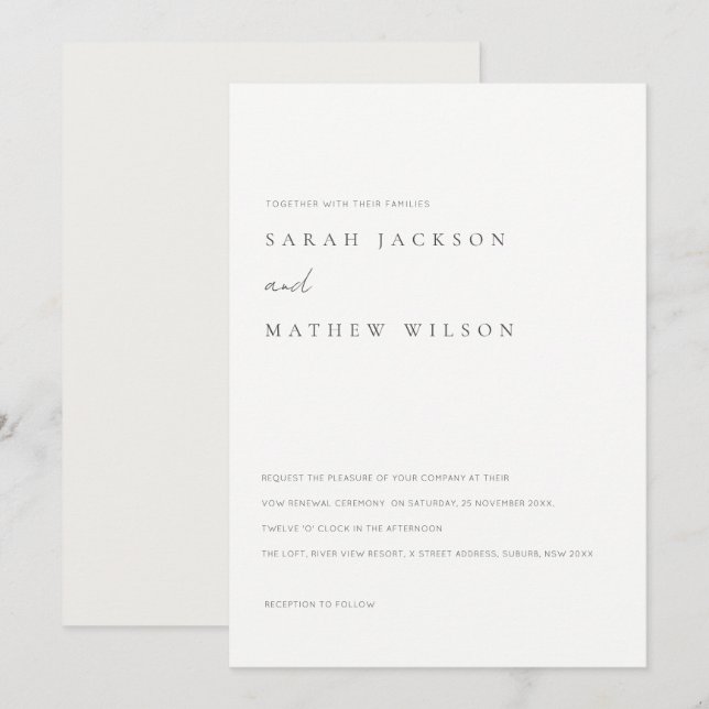 Minimale einfache Schwarz-weiße Typografie Vow Ern Einladung (Vorne/Hinten)