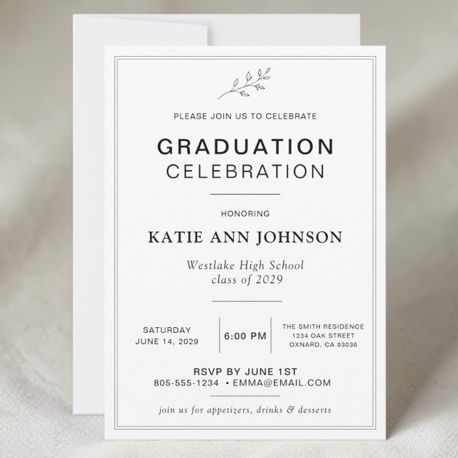 Minimale Einladung zur Abschlussfeier (Minimal graduation celebration invitation with black typography, thin border, and botanical leaf)