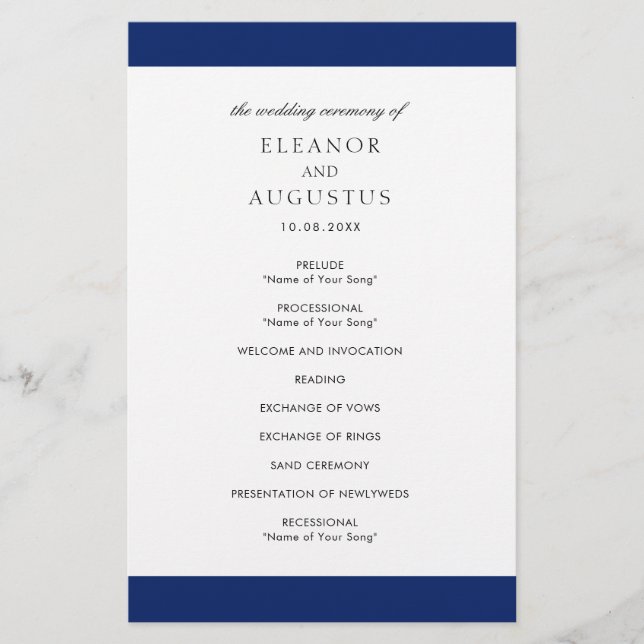 Minimale elegante Navy-Blau-Hochzeitsprogramm auf  Flyer (Vorne)