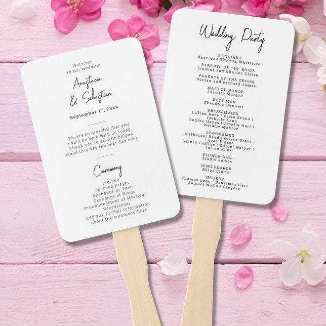 Minimale elegante Skript Schwarz-Weiß-Hochzeitspro Fächer (Minimal Chic Script Black & White Wedding Program Hand Fan)