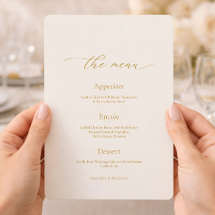 Minimale Elfenbein-Hochzeitsmenükarte mit kalligra Einladung
